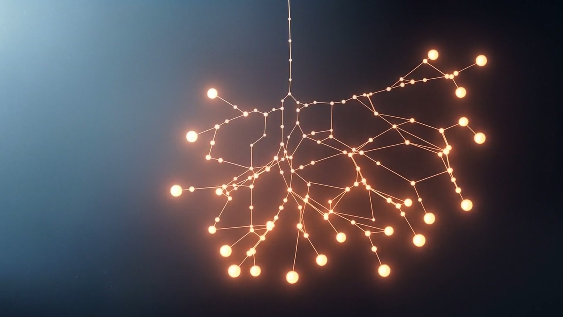 A fully connected lattice of glowing orange nodes